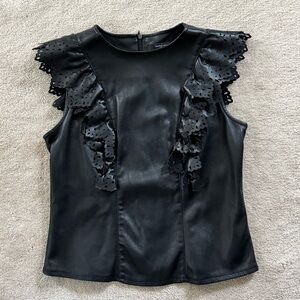 Andrew Marc New York Black Faux Leather Top with Eyelet Ruffles XS